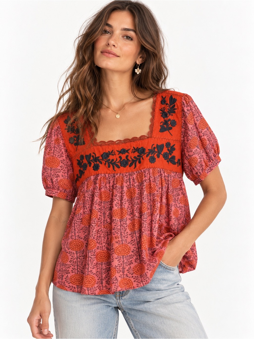Ivy Jane by Sister Mary Floral Embroidered Square-Neck Blouse in Link & Orange